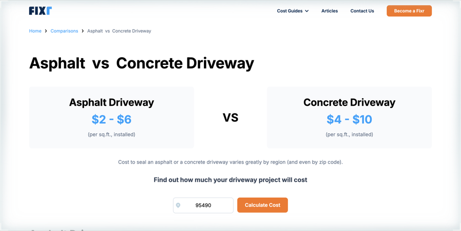 Screenshot of a Fixr comparison showing basic installed ranges of $2 to $6 per square foot for asphalt and $4 to $10 for concrete