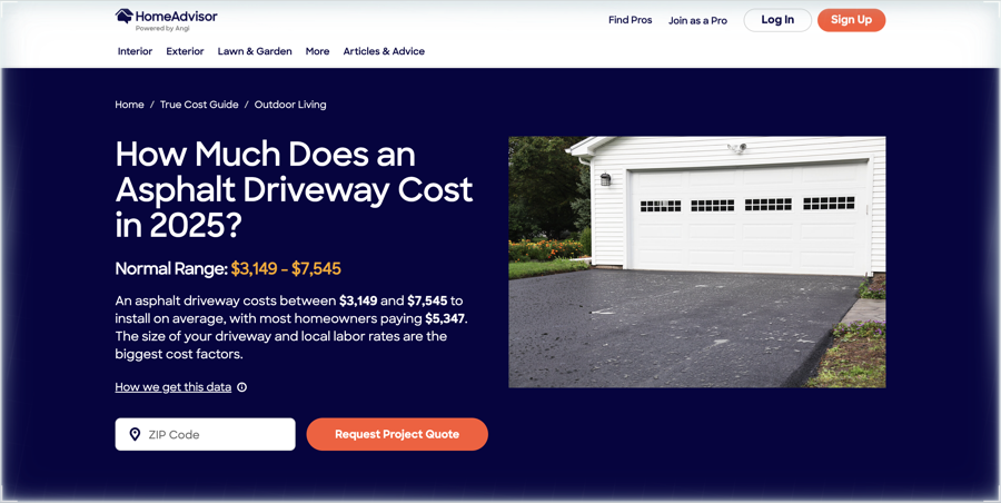 Screenshot of a HomeAdvisor asphalt driveway cost page showing a project range of $3,149 to $7,545 and a displayed average of $5,347